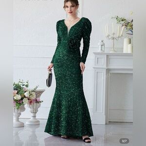 Giffniseti Sequined Emerald Green Mermaid Evening Gown Puff Sleeves Rosette S